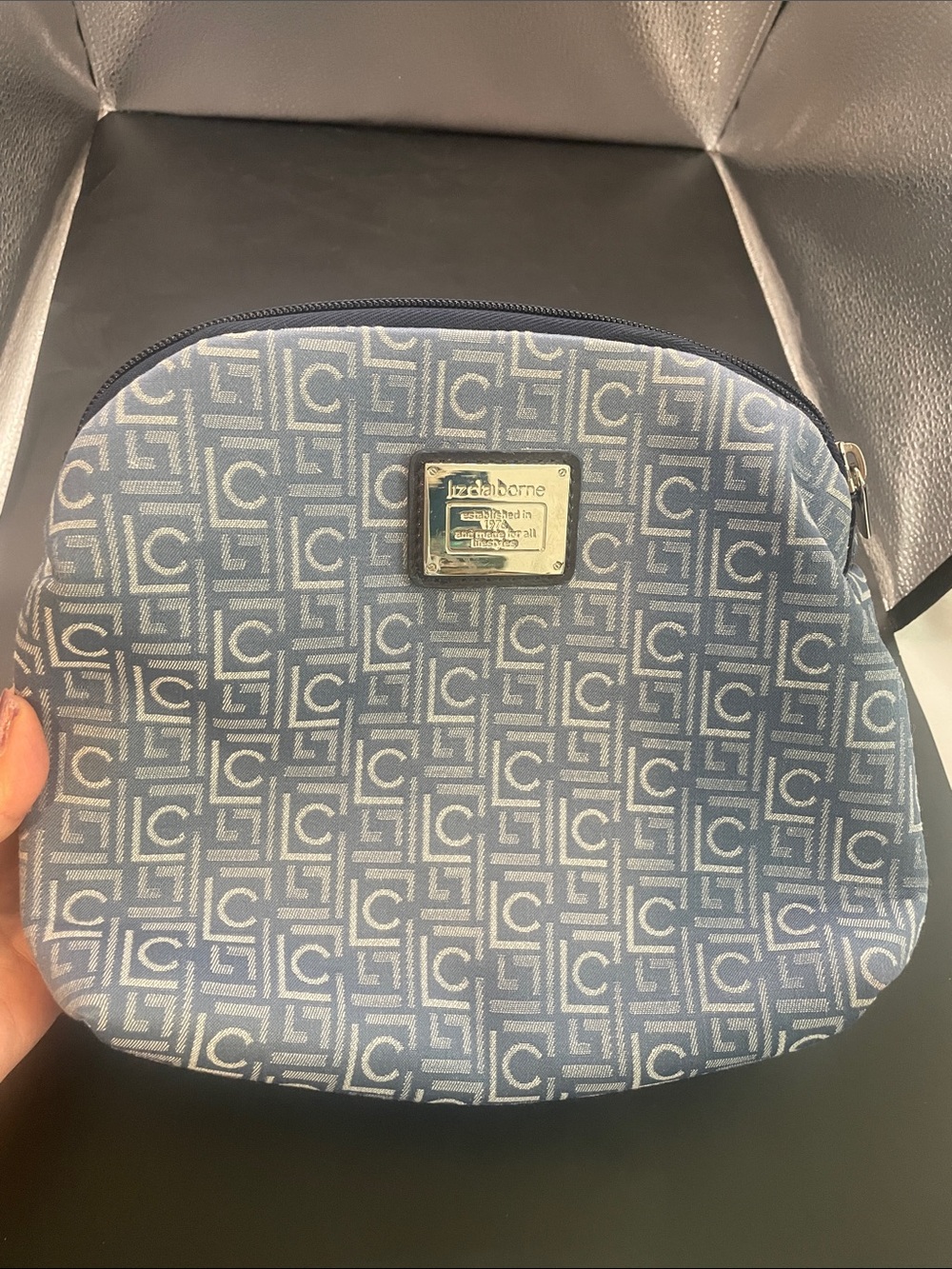 Liz Claiborne Navy and Light Blue Monogram Cosmetic Pouch